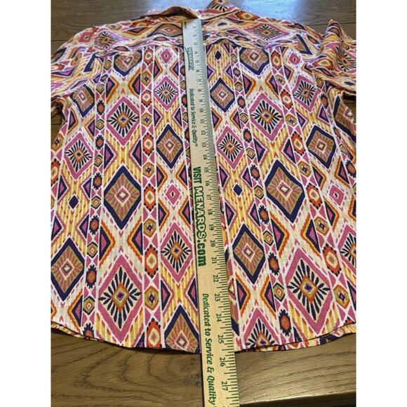 Chicos Womens Size 0 Linen No Iron Button Up Shirt 3/4 Sleeve Aztec Colorful - Picture 14 of 15